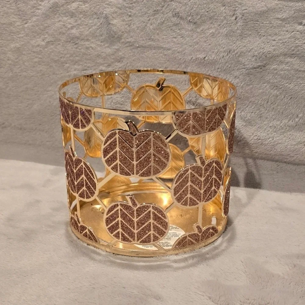 Bath & Body Works Gold Rose Gold Glitter Pumpkin 3-Wick Candle Holder Fall Decor
